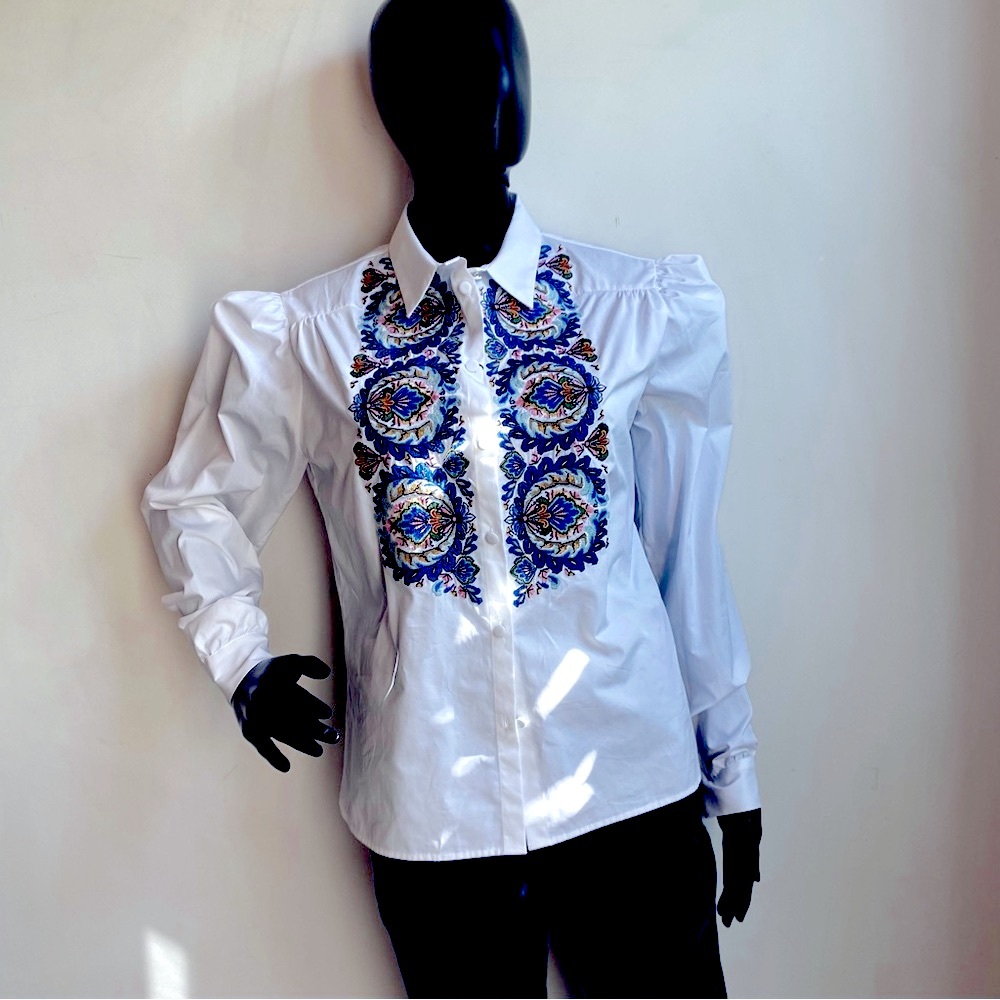 Etro White and Blue Embroidered Button Down Shirt